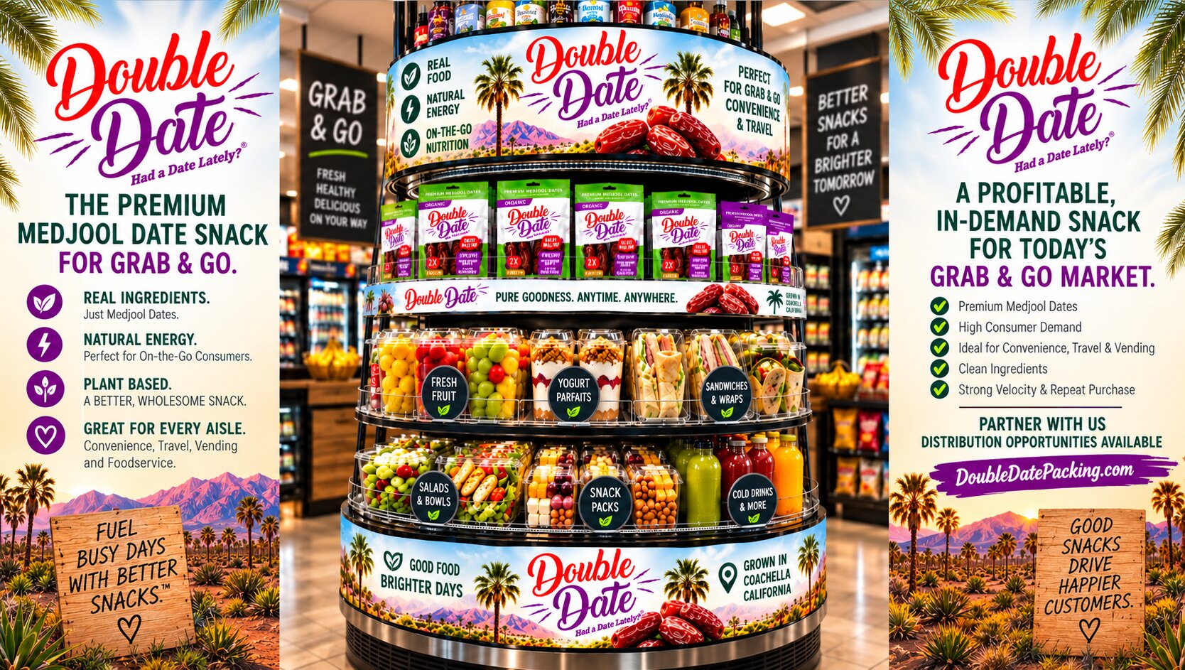 Double Date grab and go display: the premium Medjool date snack for grab and go, on a round merchandiser with fresh fruit, parfaits, sandwiches and cold drinks. A profitable, in-demand snack with distribution opportunities available.